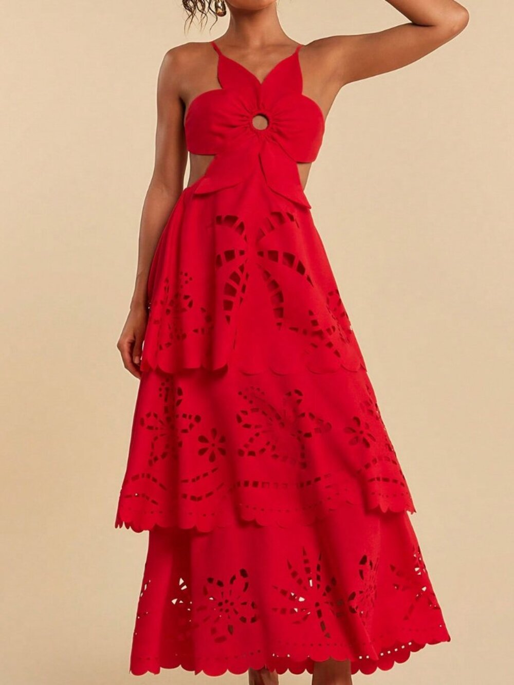 Red Boho Women's Woven Multi-Layer Ruffle Hem Spaghetti Strap Backless Dress